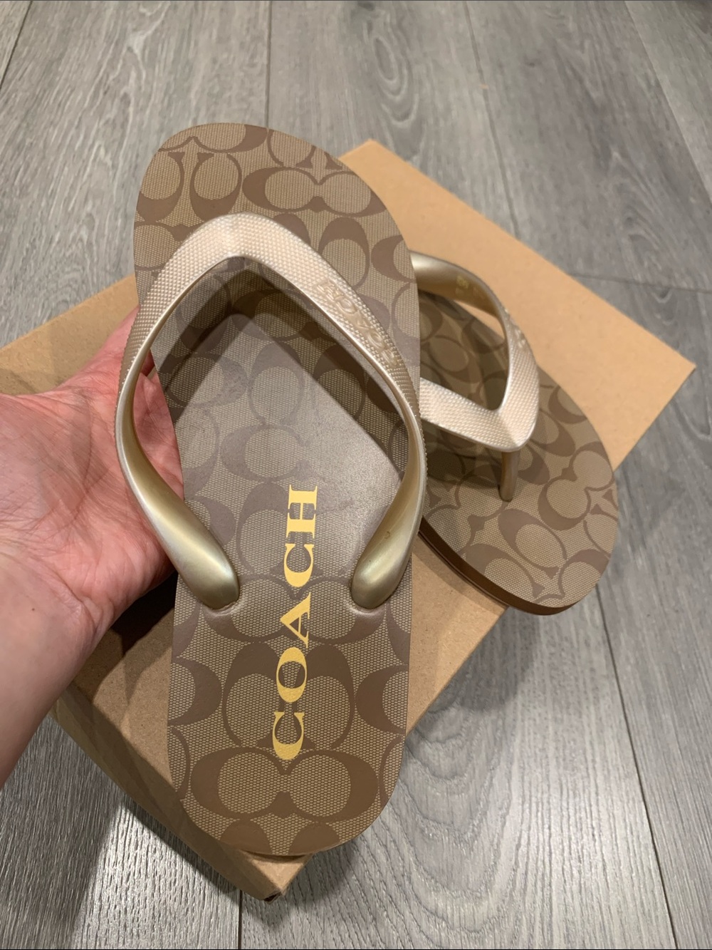Coach Brown Signature Pattern Flip Flop Sandals with Gold Logo - Picture 2 of 5